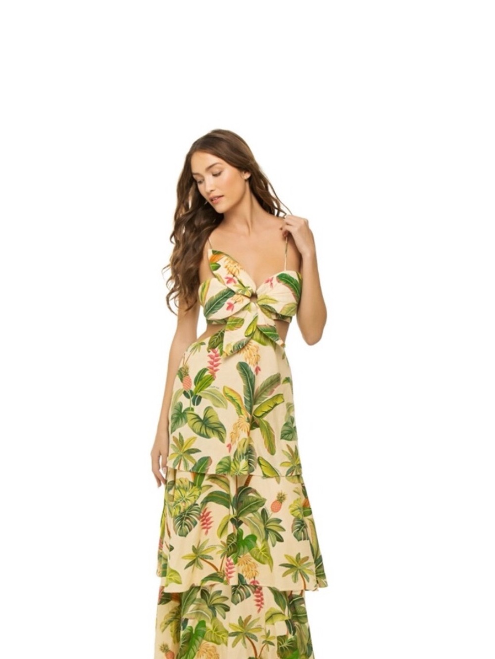 Farm Rio Tropical Tie-Front Maxi Dress in Cream and Green